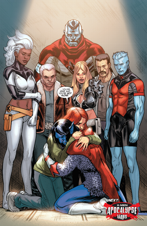 Extraordinary X-Men #7 Jean Grey hugs Nightcrawler as Storm, Wolverine, and others look on.
