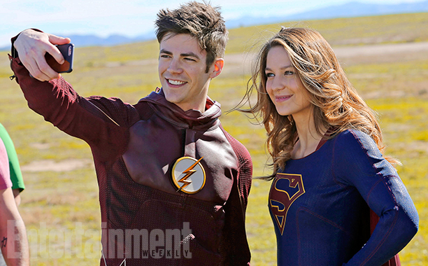 Grant Gustin's Flash and Supergirl Meet. Credit - Michael Yarish/CBS