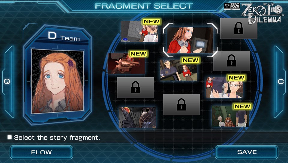 The fragment select screen of Zero Time Dilemma